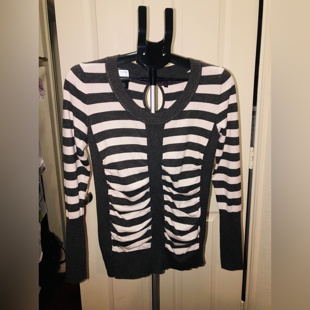 Striped Black & White Women’s Ruched Front Sweater